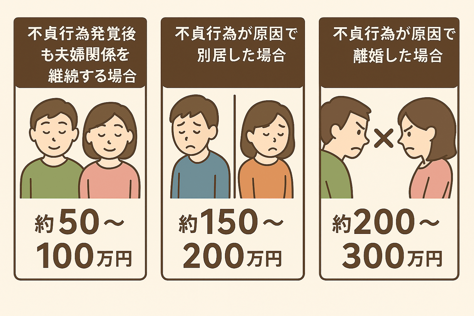 結婚している夫婦の離婚原因別の慰謝料のイラスト
