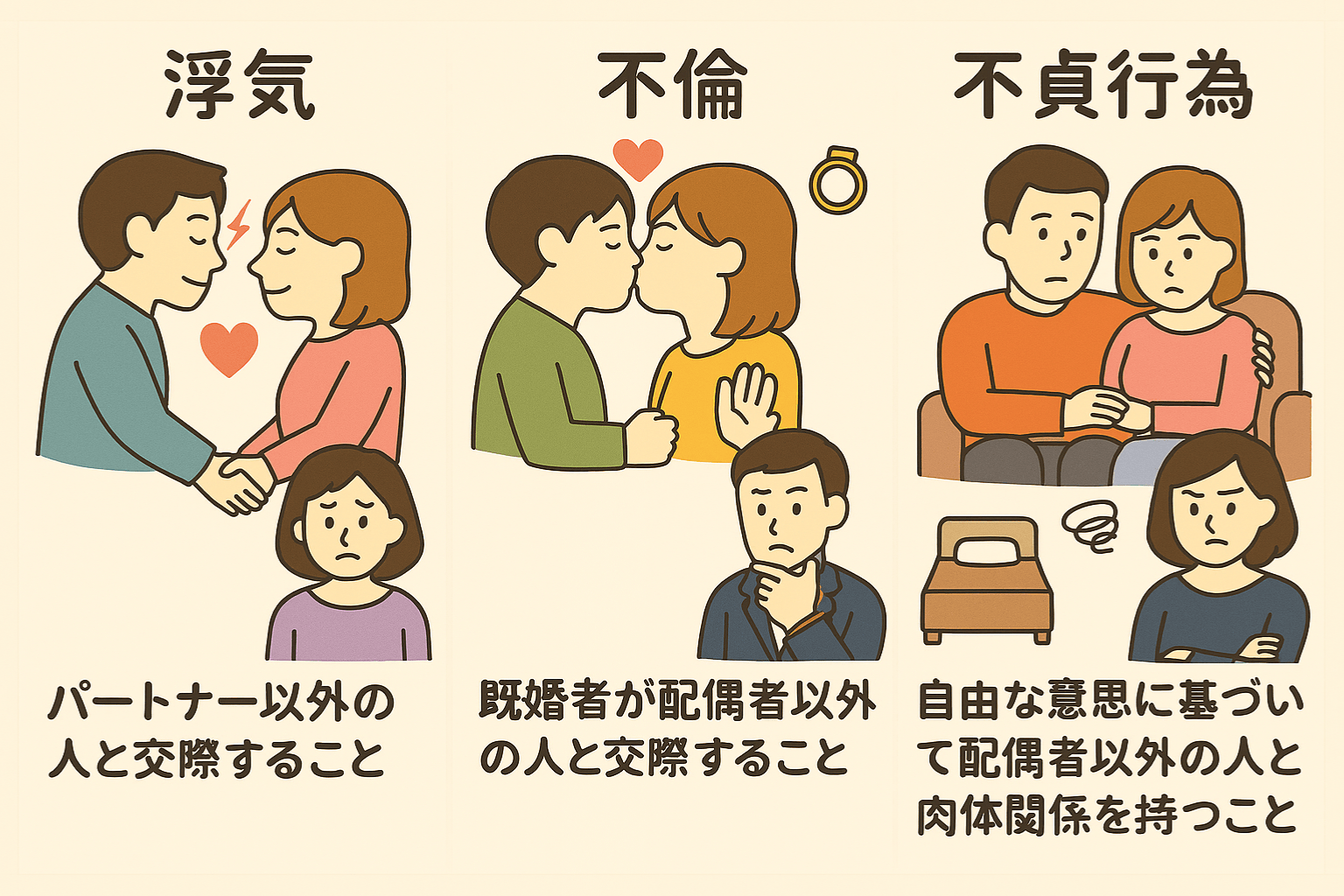 浮気・不倫・不貞行為の違いのイラスト