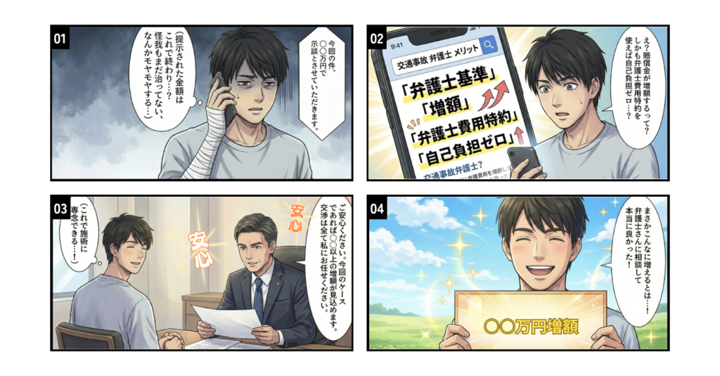 交通事故 弁護士に依頼するメリットの4コマ漫画