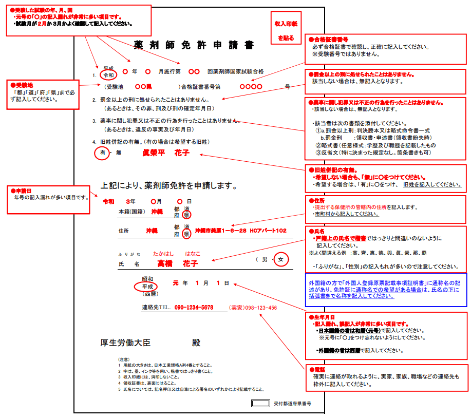 薬剤師免許申請書