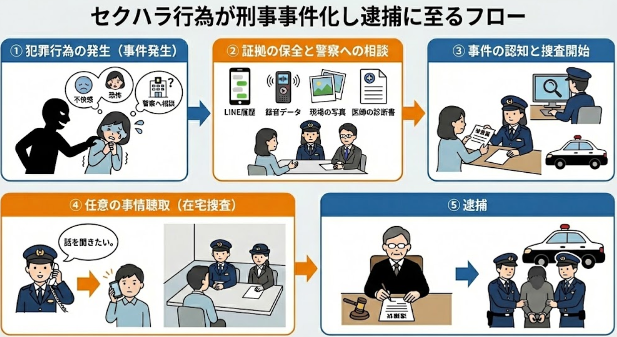 セクハラ行為が刑事事件化し逮捕に至るフロー
