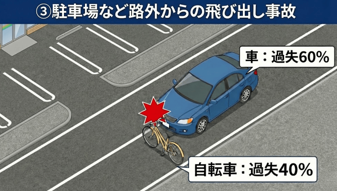 ③駐車場など路外からの飛び出し事故のイラスト