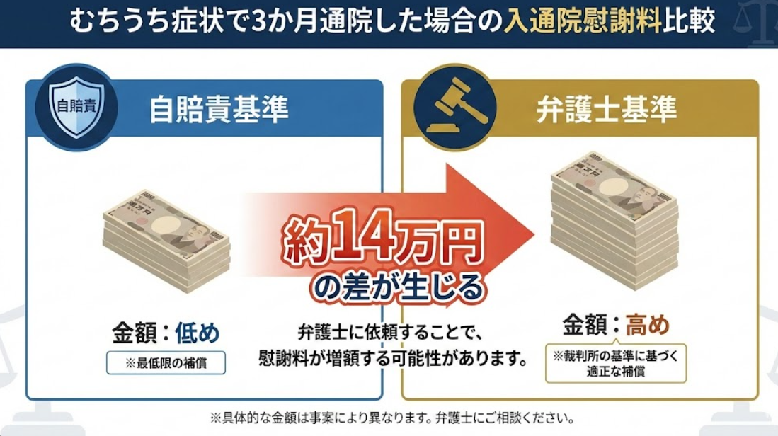 むちうち症状で3ヶ月通院した場合の入通院慰謝料比較