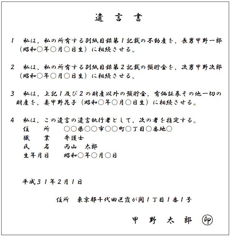 自筆証書遺言財産目録貼付例