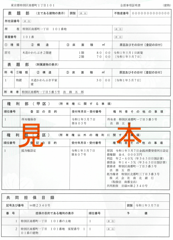 登記事項証明書・登記簿謄本見本