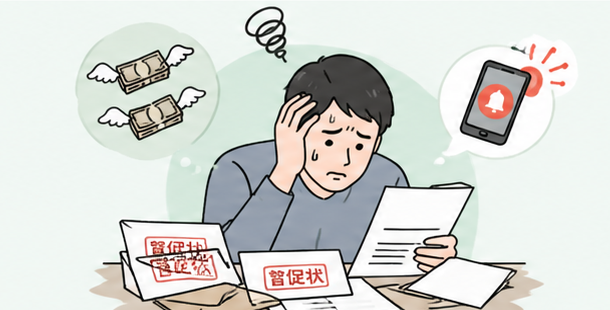 督促状や電話の通知を前に借金の返済に悩む人のイラスト