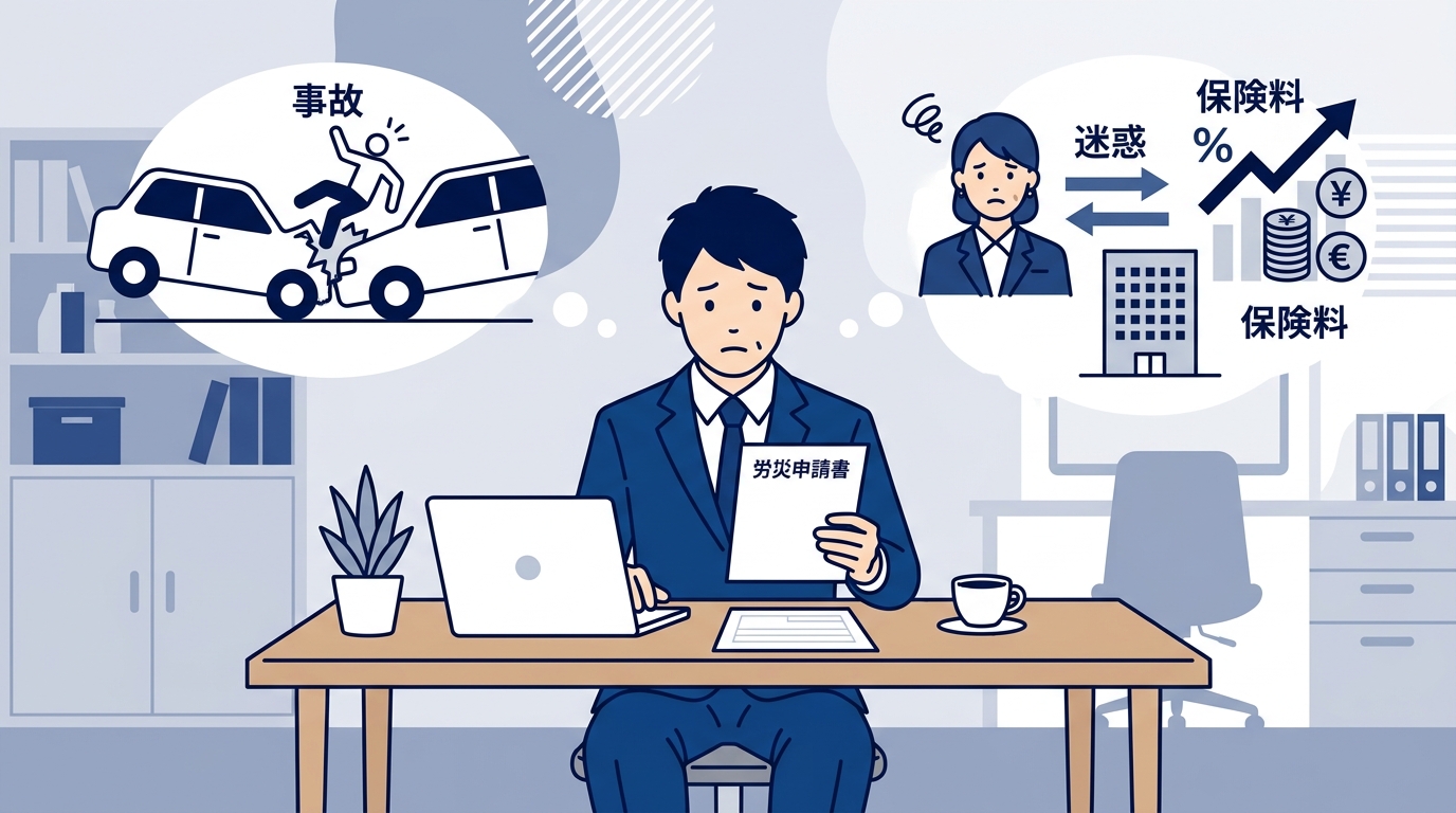 交通事故に遭い会社への影響を心配して労災申請書類を前に悩む会社員