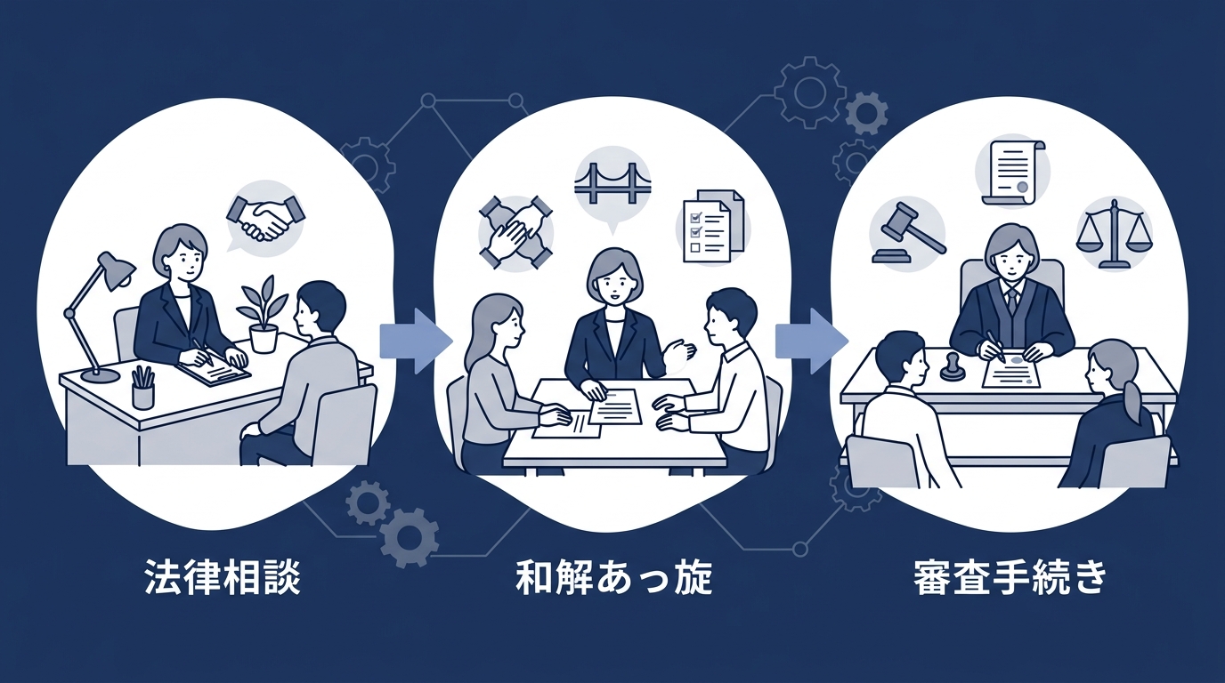 相談室で弁護士に書類を見せながら解決までの段階的な手続きを確認する様子