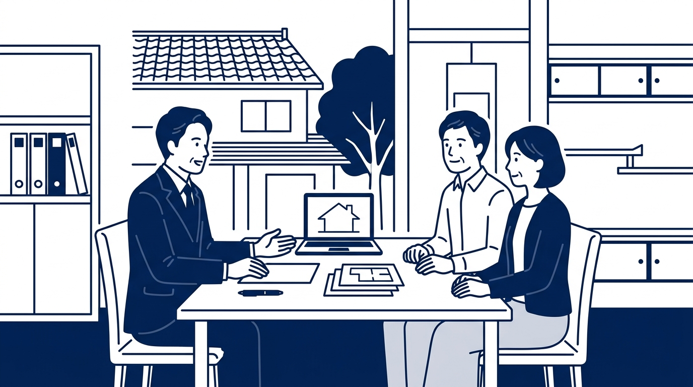 家の模型や不動産関係の書類を広げた机で弁護士に相続トラブルを相談する様子