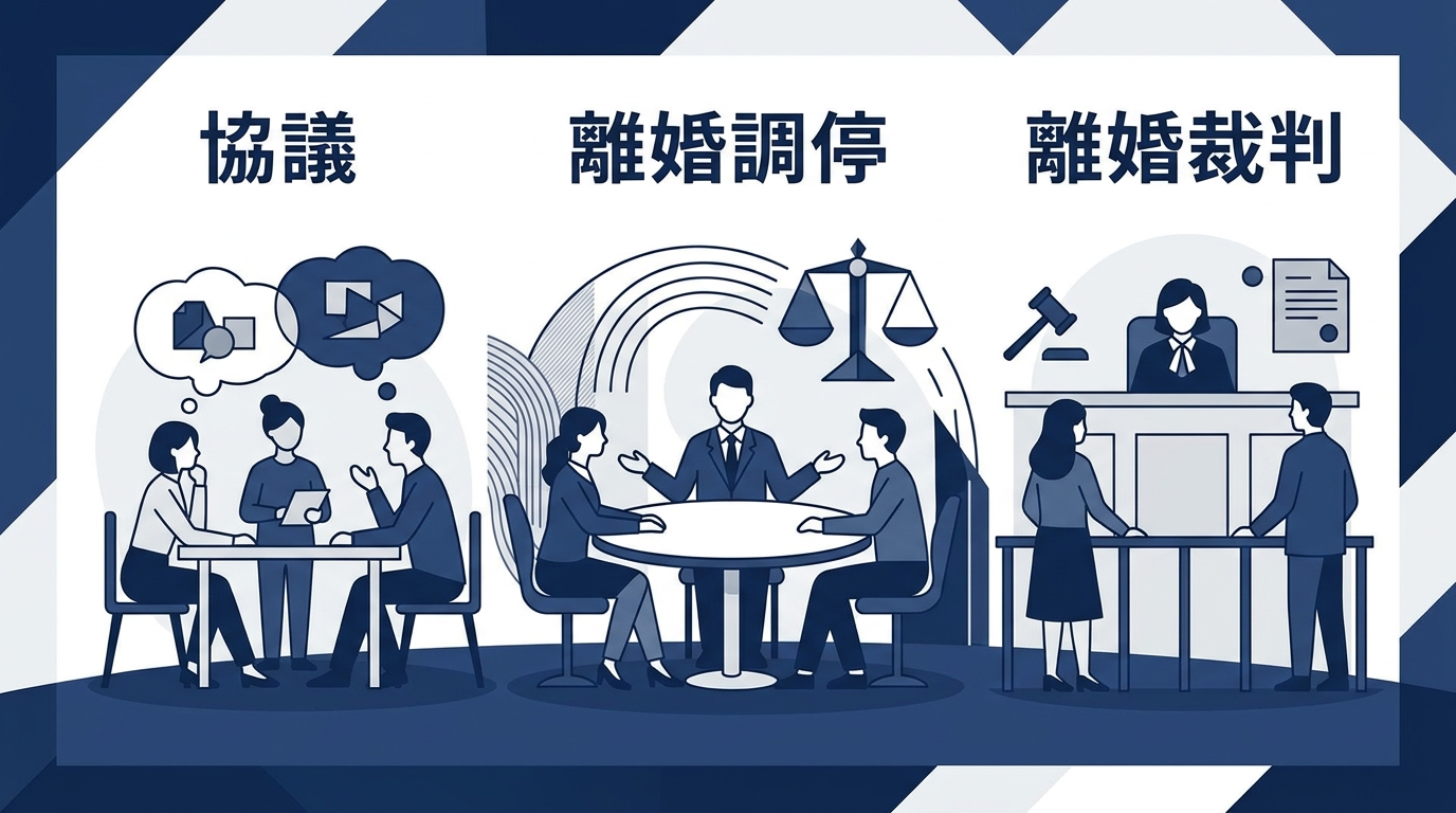 話し合いから家庭裁判所での調停や裁判へと進む離婚手続きの流れを示す図