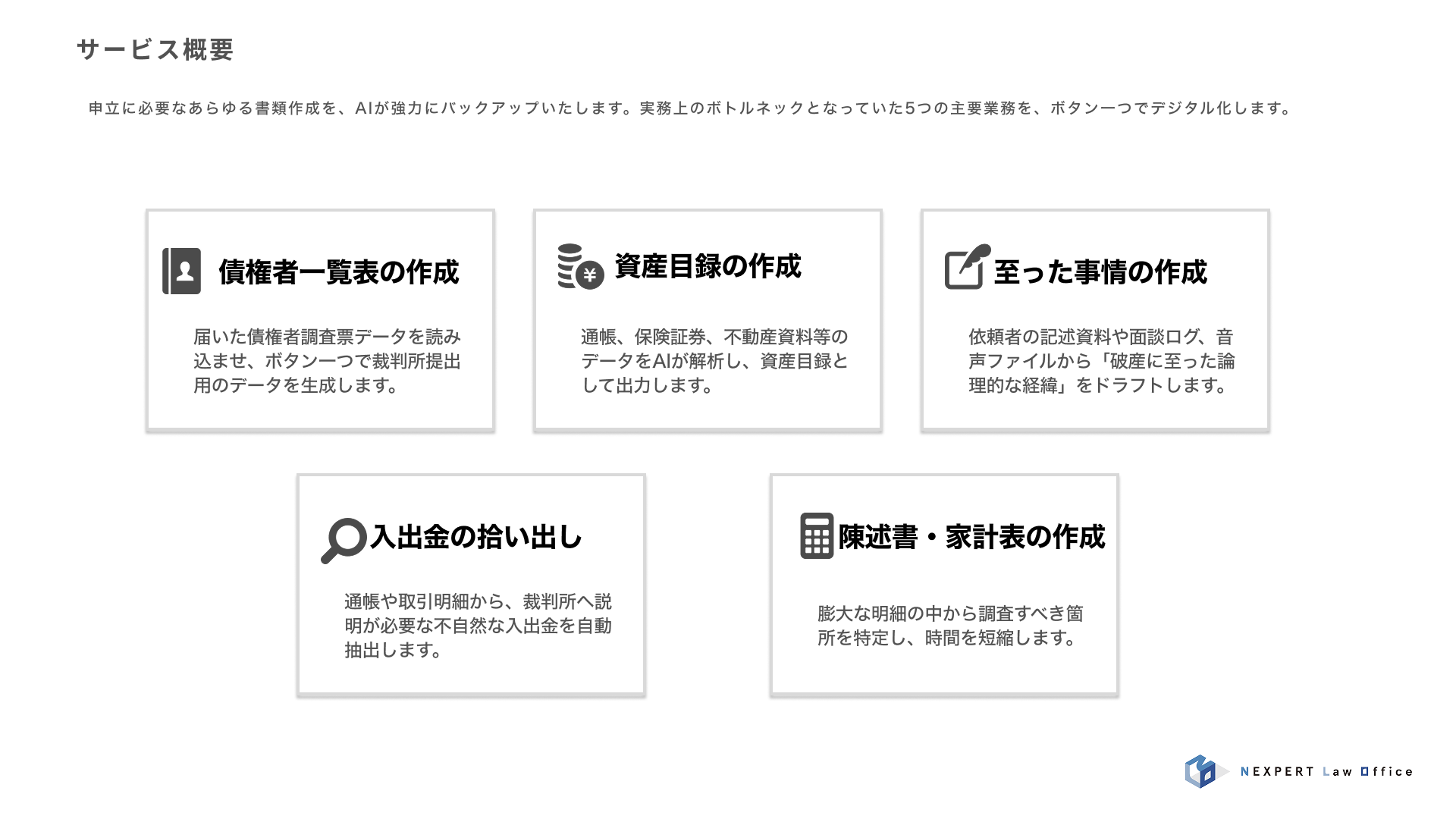 サービス概要
申立に必要なあらゆる書類作成を、AIが強力にバックアップいたします。実務上のボトルネックとなっていた5つの主要業務を、ボタン一つでデジタル化します。  債権者一覧表の作成
届いた債権者調査票データを読み込ませ、ボタン一つで裁判所提出用のデータを生成します。  資産目録の作成
通帳、保険証券、不動産資料等のデータをAIが解析し、資産目録として出力します。  至った事情の作成
依頼者の記述資料や面談ログ、音声ファイルから「破産に至った論理的な経緯」をドラフトします。  入出金の拾い出し
通帳や取引明細から、裁判所へ説明が必要な不自然な入出金を自動抽出します。  陳述書・家計表の作成
膨大な明細の中から調査すべき箇所を特定し、時間を短縮します。