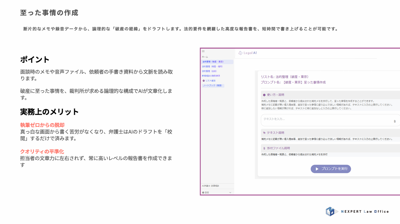 至った事情の作成
断片的なメモや録音データから、論理的な「破産の経緯」をドラフトします。法的要件を網羅した高度な報告書を、短時間で書き上げることが可能です。
ポイント
面談時のメモや音声ファイル、依頼者の手書き資料から文脈を読み取ります。
破産に至った事情を、裁判所が求める論理的な構成でAIが文章化します。
実務上のメリット
執筆ゼロからの脱却
真っ白な画面から書く苦労がなくなり、弁護士はAIのドラフトを「校閲」するだけで済みます。
クオリティの平準化
担当者の文章力に左右されず、常に高いレベルの報告書を作成できます。  以下ツール画面
ホーム
法的整理（破産・東京）
法的整理（破産・福岡）
法的整理（金般）
新規相談の聴取事項
リスト追加
ノートブック（履歴）
リスト名：法的整理（破産・東京）
プロンプト名：【破産・東京】至った事情作成
使い方・説明
作成した債権者一覧表と、依頼者から提出された補充メモを添付して、至った事情を作成することができます。
補充メモに記載が無い借入理由等、追加で至った事情に盛り込んでほしい情報があれば、テキストに入力の上実行してください。
特に追加したい情報が無ければ、テキストに特に追加なしと入力の上実行してください。
テキストを入力...
テキスト説明
補充メモに記載が無い借入理由等、追加で至った事情に盛り込んでほしい情報があれば、テキストに入力の上実行してください。
添付ファイル説明
作成した債権者一覧表と、依頼者から提出された補充メモを添付
プロンプトを実行
AI弁護士 法律相談
設定